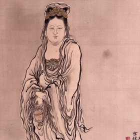 日本近代著名南画家中西耕石作品，白衣大士观音善财童子图，绢本绫裱无轴头，带老木盒，画心100.6*32.3。盒171书