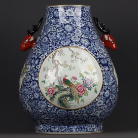 大清乾隆年制青花粉彩花鸟纹鹿头尊 高50厘米 宽36厘米