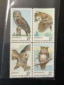美国邮票，1978年动物 鸟类猛禽，猫头鹰 4全方联