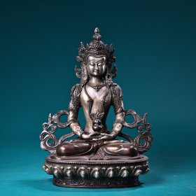 珍品旧藏西藏收纯铜高浮雕錾刻鎏银藏长寿佛佛像 工艺精湛 器型精美