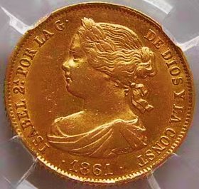 原味少见1861年西班牙伊莎贝拉女王100瑞尔金币保粹评级MS65收藏