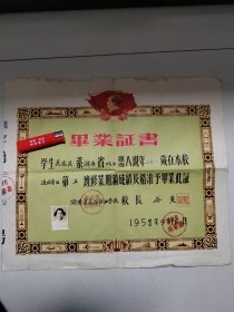 1958年，湖南省林业学校颁发的毕业证书 莫凤英 湖南桃江人 造林专业 校长 谷曼 湖南省林业厅 后附成绩单