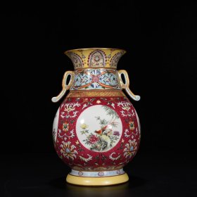 旧藏 清乾隆珐琅彩胭脂红轧道纹开窗四季花鸟纹转颈瓶 26.5*18厘米