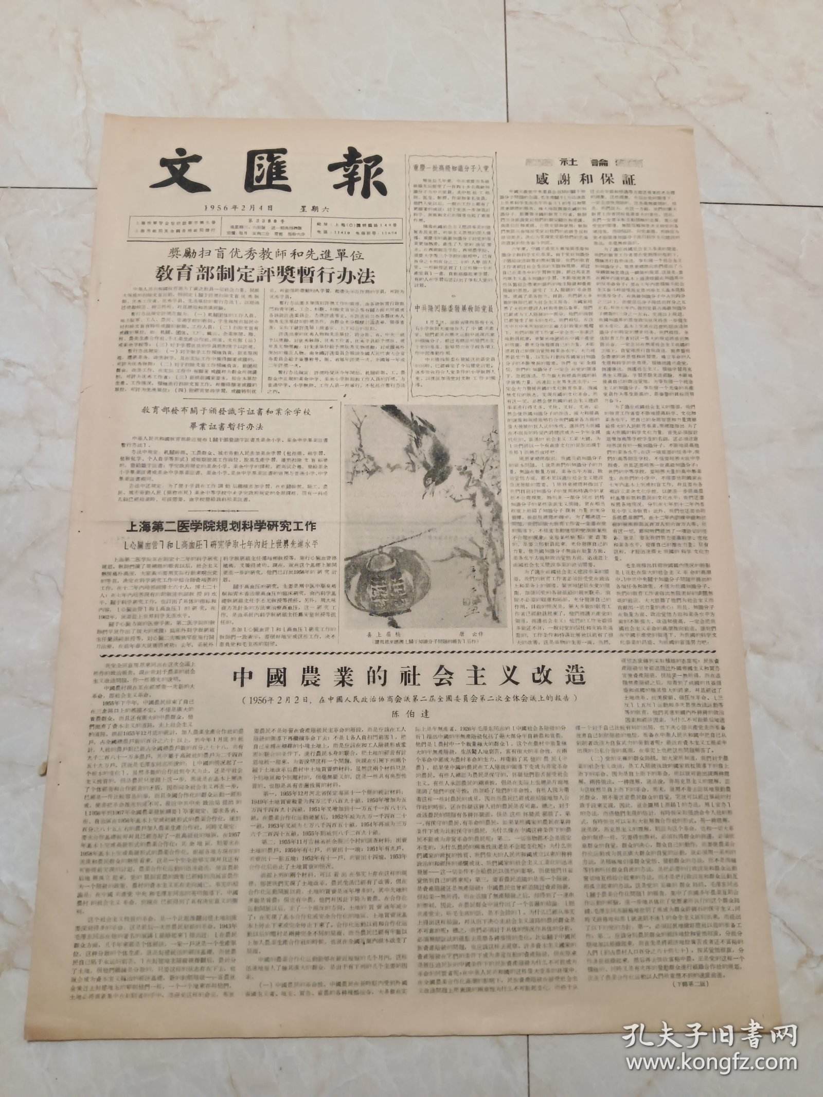 文汇报1956年2月4日。奖励扫盲优秀教师和先进单位，教育部制定评奖暂行办法。上海第二医学院规划科学研究工作。中国农业的社会主义改造（1956年2月2日，在中国人民政治协商会议第二届全国委员会第二次全体会议上的报告）陈伯达。关于肃清一切反革命分子问题的报告，董必武。