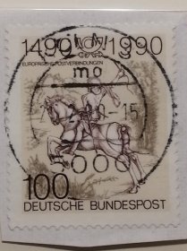 联邦德国邮票 西德 1990年 欧洲大陆国际邮路通邮500周年 丢勒 小信使 1全满戳剪片 （1471年—1528年）， 生于纽伦堡，作品包括木刻版画及其他版画、油画、素描草图以及素描作品。以版画最具影响力。他是最出色的木刻版画和铜版画家之一。他的水彩风景画是他最伟大的成就之一，这些作品气氛和情感表现得极其生动。丢勒最为传世的作品是《手》，后来被人们改名为《祈祷之手》，其影响力超过其他任何作品。