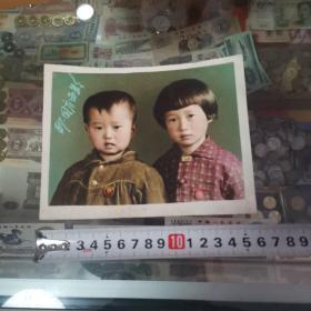 老照片，手工上色，可爱的姐弟俩，胸前佩戴主席像章，1967年国庆留影，16x12.3㎝