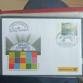 F1840外国信封 2014年伦敦国际邮展纪念封 贴德国欧元邮票 2013年 艺术家 画家 格哈德•里希特 绘画 海景 1全