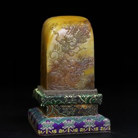 旧藏木盒寿山石双龙戏珠薄意印章