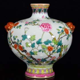 瓷器 清乾隆粉彩花卉纹虎头瓶 20*20厘米