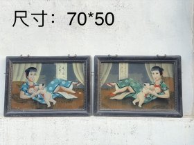 解放前纯手绘哺乳育婴玻璃画一对，画片清晰，完整美品，