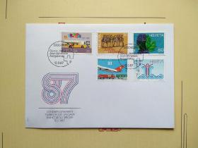 《瑞士1987年工程师与建筑师联合会 洛桑大学 公交公共汽车 温泉飞机邮票首日封 品相如图》澜2308-8