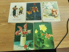 50年代外文书店经销的苏联老明信片五种，花卉，童趣，滑雪