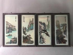 红木框，山水风景玻璃画四扇屏，画功精湛 ，做工精致考究，高70厘米，总宽140厘米