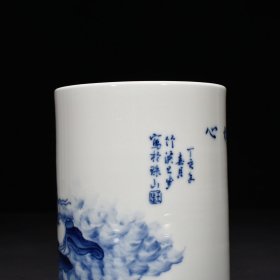 旧藏 民国竹溪道人王步青花罗汉纹笔筒三 15*12厘米