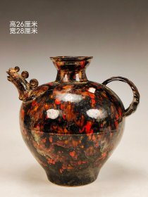 旧藏美品·精工细作满工吉州窑玳瑁釉刻瓷凤首执壶。