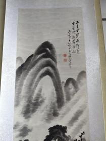 漂亮清代四尺对开水墨山水画一幅，风雨归舟图，题字，山色空蒙雨脚飞，一篙新涨鮆鱼祀36*133CM