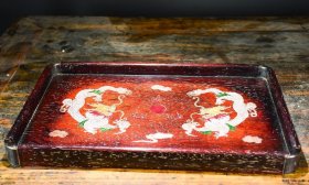 旧藏檀木镶贝双龙戏珠茶盘 盘子 尺寸: 高3厘米 长35厘米 厚23厘米