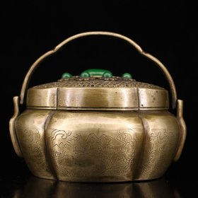 珍藏清代老纯铜纯手工打造青铜镶嵌宝石雕刻花纹碳炉 暖手炉 重574克 高9厘米 宽12.5厘米