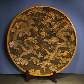 鸡油黄漆器盘子摆件，直径45厘米，厚5.5厘米，重1920克