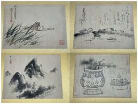 【深草元政，田能村直入，龟田鹏斋，泷和亭，大沼枕山，秦藏六，春木南湖，冈田半江，加藤千浪等，老册页一本】 名称:字画【古筆画帖12图】老作品， 作者：自查 材质:纸本绫裱册页，木盒 规格:18*25左右不一（画心尺寸cm） 28*35(册页尺寸cm) 品相:如图 老旧，黄斑，褶皱，破损缺肉，虫蛀等