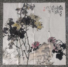 金华画家 掘夫（徐春光）花乌画，尺寸：69*68，保真，品如图。