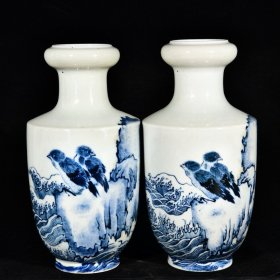 民国竹溪道人王步写青花花鸟纹尊瓶 高20径10厘米2