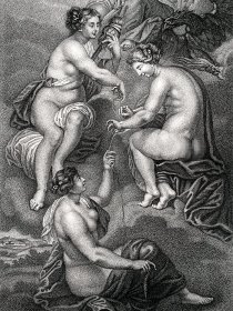 【鲁本斯】1846年铜版画№4《玛丽在朱庇特和朱诺的庇佑下领受命运》(LES PARQUES)--出自保罗·鲁本斯（Paul Rubens)“玛丽・德・美第奇”系列作品集-雕刻家(Gabriel)-特厚画纸51.5*33.8cm(画面21.5*11)，8品