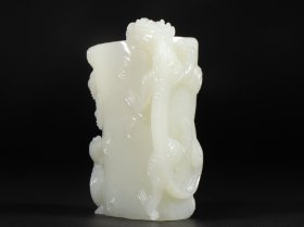 旧藏 和田玉高浮雕龙凤纹笔筒