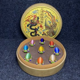 珍藏大清乾隆年制刺绣收藏盒内珍藏景泰蓝镶猫眼石戒指 刺绣盒尺寸：直径20.7厘米，高6.7厘米