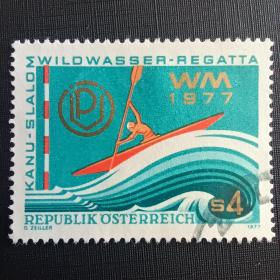 ox0103外国纪念邮票 奥地利1977年第3届国际皮划艇激流障碍锦标赛邮票 信销 1全 邮戳随机