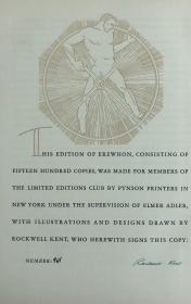限量编号肯特签名本： Erewhon by Samuel Butler 巴特勒《埃瑞璜》1934年初版，布面精装本， 美国著名版画家罗克韦尔·肯特（Rockwell Kent）插图