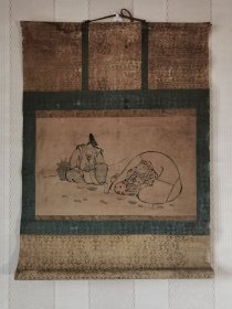 日本百年老挂轴，老版画神像人物，品相非常老，纸本纸裱，无轴头，画芯22×35。