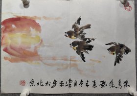 新金陵十六家 朱鲁平, 精品花鸟画一副 保真出售 职业画家，号幼公，又号鲁达。1954年11月出生于北京，祖籍山东烟台，现居南京。著名写意花鸟画家，金陵16家之一，现为江苏美术家协会会员；中国民主建国会南京市委文化委员会主任，中国民主建国会江苏省委文化委员会副主任，中国民主建国会中央委员会文化委员会委员，中国民主建国会中央画院院士，汉彩书画院院长