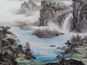 保真书画，陕西名家，朱满林大幅山水画《忆江南》一幅，纸本托片，尺寸96.5×240cm。