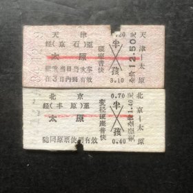84年12月9日火车票（天津至太原）硬座普快（北京至太原）变径硬座普快1套2张（生日票变径火车票根）