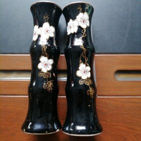竹筒花插一对（手绘描金）