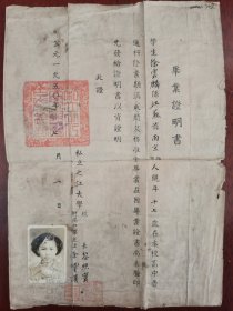 1950年私立之江大学附属中学毕业证书一张，贴美女老照片盖钢印，校长毛笔签名盖章。。