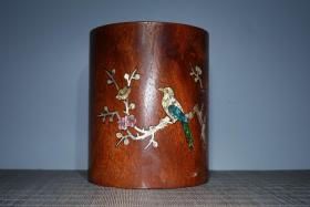 旧藏花梨木镶嵌彩贝笔筒，长12.5cm,宽12.5cm,高15cm，重880g