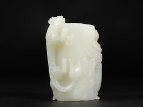 旧藏 和田玉高浮雕龙凤纹笔筒