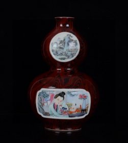 清乾隆木纹釉开窗珐琅彩山水人物图扁葫芦瓶 28.5x18