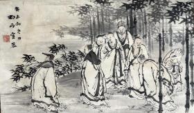 日本明治时期竹林七贤画横幅茶挂，1883年作，纸本绫裱，紫檀轴头，画心54.3*32.5。108