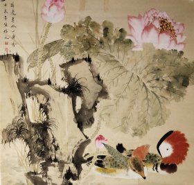 周午生，工笔荷花鸳鸯，尺寸：65x66cm，纸本立轴