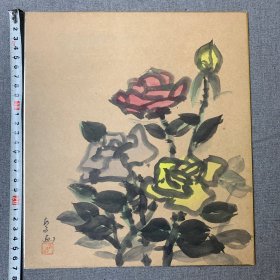 日本回流色纸，卡纸画，手绘书画作品，墨彩花卉，27*24cm。