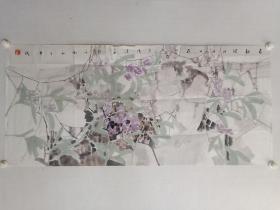 保真书画，当代水墨，王法进四尺整纸国画《春韵图》一幅62.5×137cm，边有小口。王法进，学院派画家，山东师范大学美术学院硕士，山东艺术学院副教授。