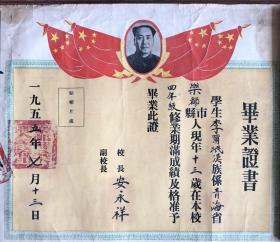 1955年毕业证书青海省乐都县努木乡人民政府印校长安永祥