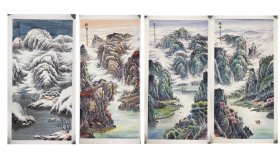 山水画，春夏秋冬四条屏，学院派的画风，皴法点染，写意画法，纯手绘，假一赔万，支持第三方鉴定，浙江省美协潘雪松老师的原创大作，实际画的比照片拍出来要漂亮的多，笔法苍劲有力，浓淡干湿焦，行云流水，满工满画的，彩墨山水，墨色的晕染看整个构图，非常漂亮。尺寸为1.4米×70公分，4尺整张的四条屏，家里大客厅，大沙发背景墙，玄关，茶室，书房，办公室，会议室，公司都可悬挂，不挑地方，闭眼入，真的特别好看。
