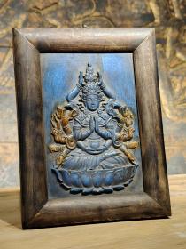 旧藏青金石千手观音挂屏，背刻心经，清供佳品。尺寸25-19-2