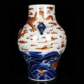 清乾隆青花矾红描金海水鱼云龙纹兽耳尊 高26.5厘米 直径20厘米