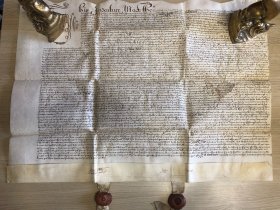 这是一份1618年11月20日詹姆斯一世统治时期的土地交易契约，并附有原始印章。在英语中，非常详细的描述。
Henry Tracy, Henry Merrett和John Wiatt之间的交易(据我们所知)，在Oldbury地区购买土地。
证人签名有:爱德华·鲍，约翰·泰勒和爱德华·贝利斯等。
文件尺寸为72cm × 52cm，印章直径为5cm。
就其年龄而言状况良好的。