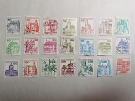 西德普票，德国城堡和宫殿邮票   全套21枚全，新旧票混，有四张新票。品相如图。快递满百包邮。